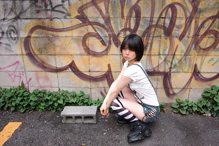 women, Asians, Ushijima Iiniku, bangs, striped legwear - desktop wallpaper