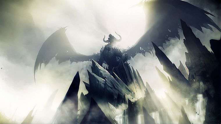 video games, wings, dragons, rocks, mist, Guild Wars 2 - desktop wallpaper