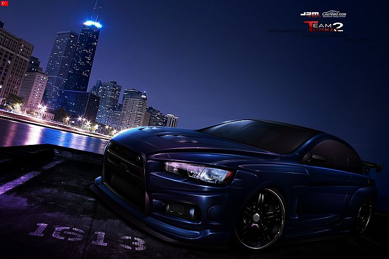 cityscapes, pink, cars, purple, tuning, wheels, coupe, rims, Mitsubishi Evo - desktop wallpaper