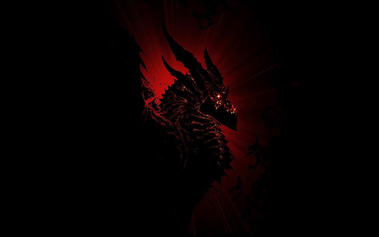 video games, wings, black, red, dragons, World of Warcraft, horns, deathwing, monochrome, artwork, World of Warcraft: Cataclysm - desktop wallpaper