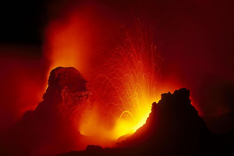 volcanoes, lava, silhouettes, rocks - desktop wallpaper