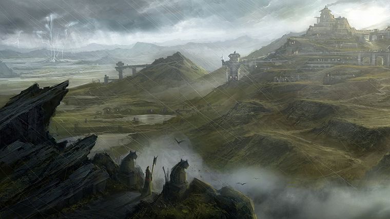mountains, clouds, rain, rocks, fantasy art, artwork, lightning - desktop wallpaper