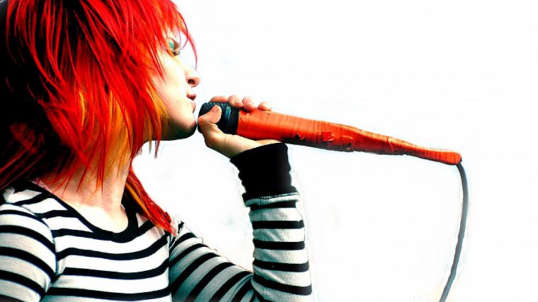 Hayley Williams, Paramore, redheads, celebrity, microphones, white background, striped clothing - desktop wallpaper