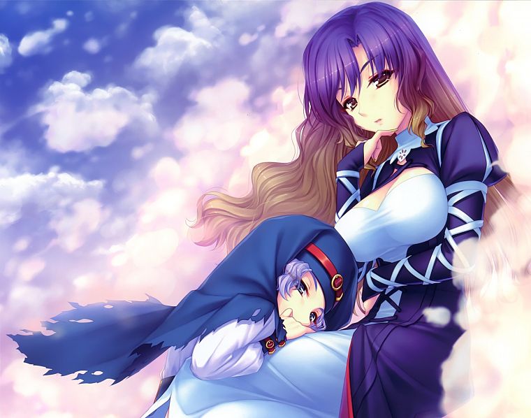 clouds, Touhou, long hair, purple hair, anime, Hijiri Byakuren, Sayori Neko Works, Kumoi Ichirin, bicolored hair - desktop wallpaper