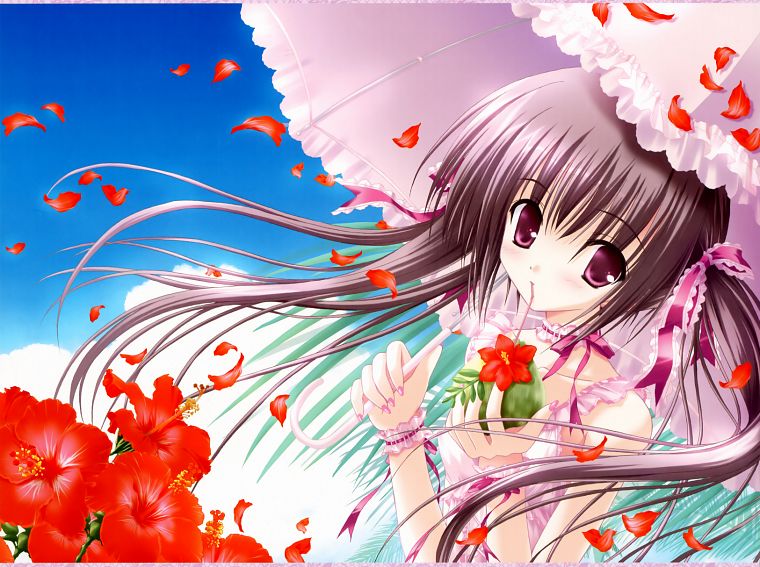 brunettes, flowers, ribbons, anime, umbrellas, pink eyes, flower petals, Tinkle Illustrations, anime girls - desktop wallpaper