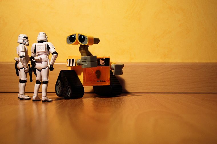 Star Wars, robots, stormtroopers, Wall-E, miniature, figurines, action figures, puppets - desktop wallpaper