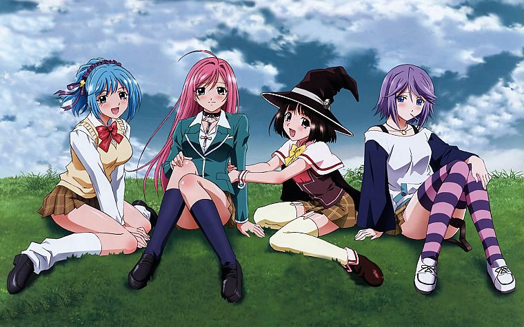 school uniforms, Shirayuki Mizore, Akashiya Moka, Kurono Kurumu, Rosario to Vampire, Sendou Yukari, knee socks, striped legwear - desktop wallpaper
