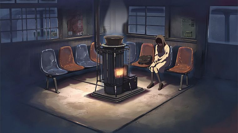 winter, smoke, Makoto Shinkai, chairs, 5 Centimeters Per Second - desktop wallpaper