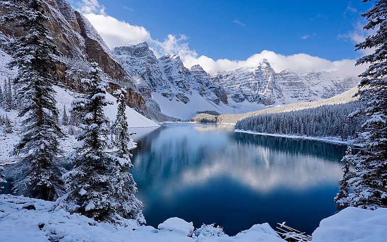 mountains, landscapes, winter, snow, trees, reflections - desktop wallpaper