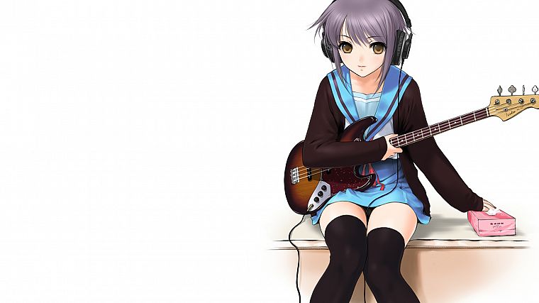 headphones, Nagato Yuki, The Melancholy of Haruhi Suzumiya, guitars, anime, tissue box, simple background, anime girls - desktop wallpaper