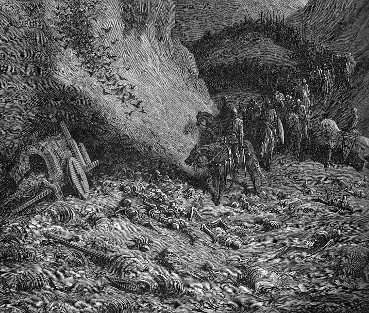 war, dead, grayscale, skeletons, Gustave Dore, artwork, drawings, bones, Draws - desktop wallpaper
