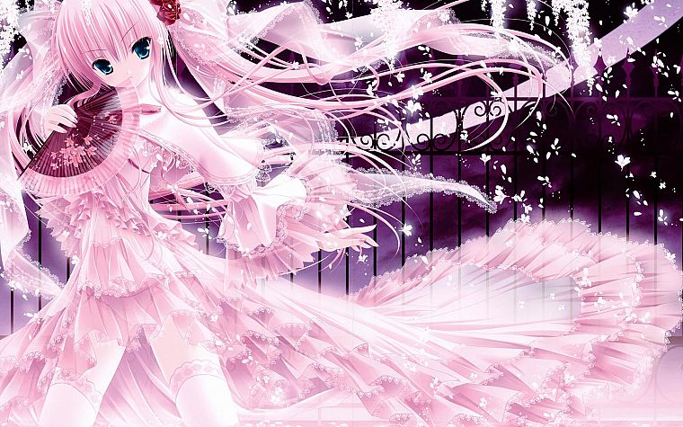 dress, fences, pink, blue eyes, tights, anime, flower petals, Tinkle Illustrations, roses, pink dress, anime girls, fans - desktop wallpaper