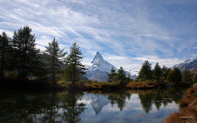 mountains, clouds, landscapes, trees, rivers, Matterhorn - desktop wallpaper