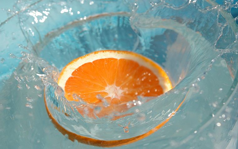 water, fruits, oranges, water drops, orange slices, splashes - desktop wallpaper