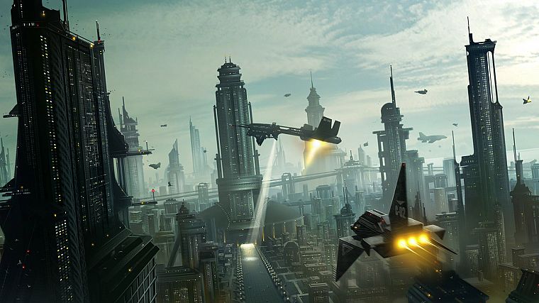 futuristic, ships, buildings, skyscrapers, science fiction, cities - desktop wallpaper