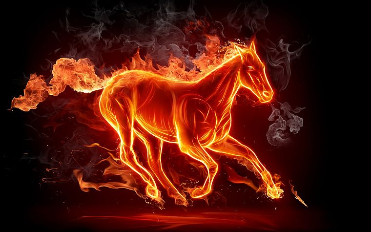fire, horses, black background - desktop wallpaper