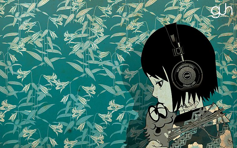 headphones, anime - desktop wallpaper