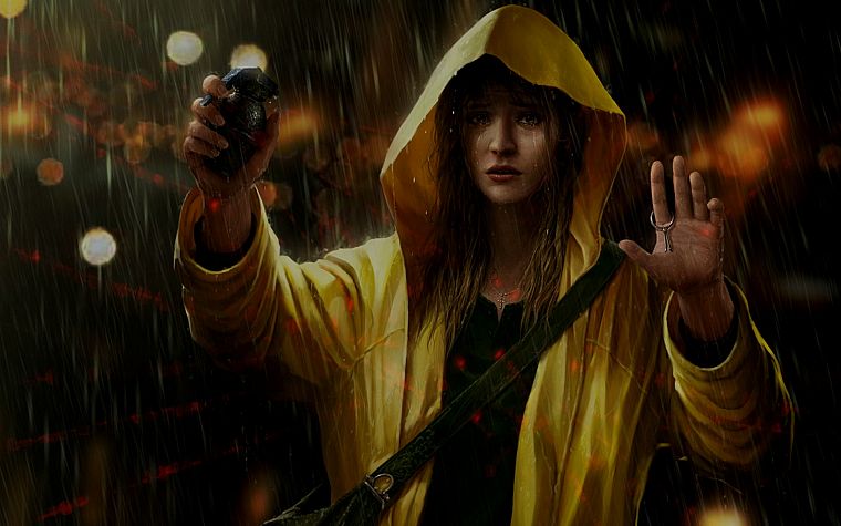 women, scope, black, dark, night, rain, yellow, tears, revolution, protest, grenades, artwork, lasers - desktop wallpaper