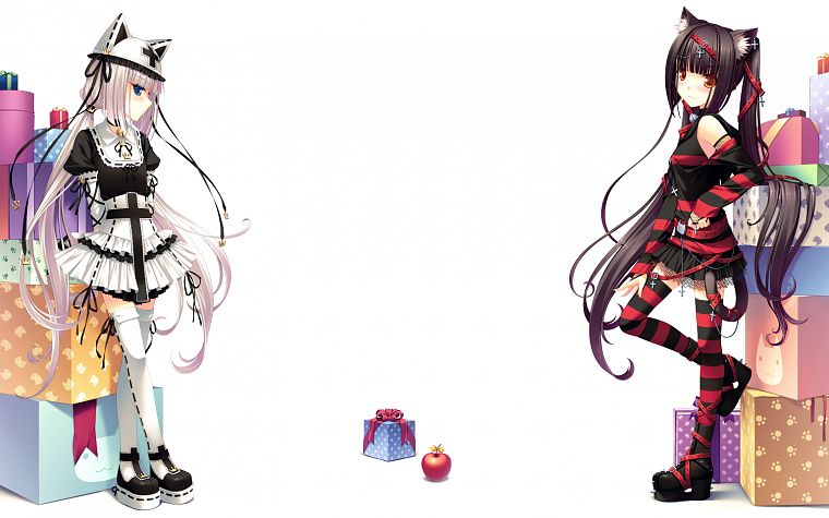 nekomimi, animal ears, Sayori Neko Works, simple background, original characters, Chocolat (Sayori), Vanilla (Sayori), striped legwear - desktop wallpaper