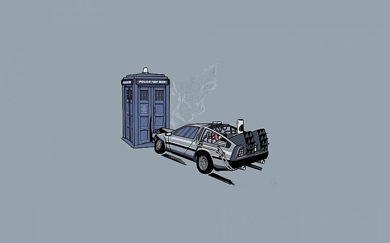 minimalistic, cars, TARDIS, vectors, Back to the Future, time travel, vehicles, Doctor Who, DeLorean DMC-12, simple background - desktop wallpaper