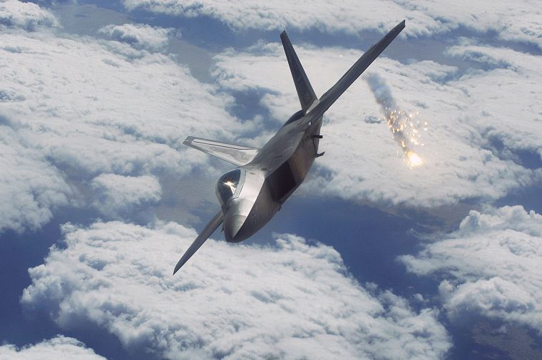 aircraft, military, F-22 Raptor, flares - desktop wallpaper