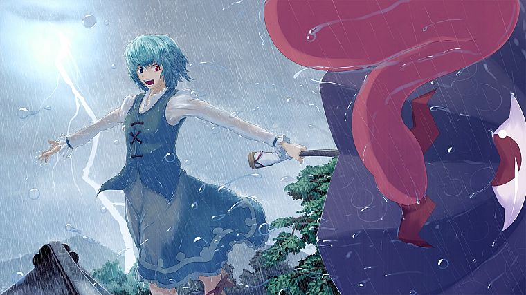 women, Touhou, blue hair, short hair, umbrellas, Tatara Kogasa - desktop wallpaper