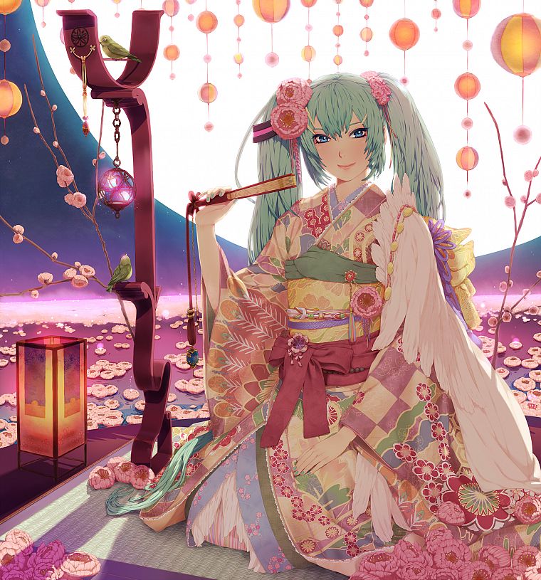 Vocaloid, Hatsune Miku, twintails, Japanese clothes - desktop wallpaper