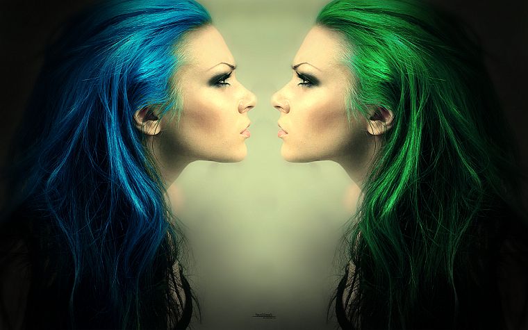 women, blue hair, green hair - desktop wallpaper