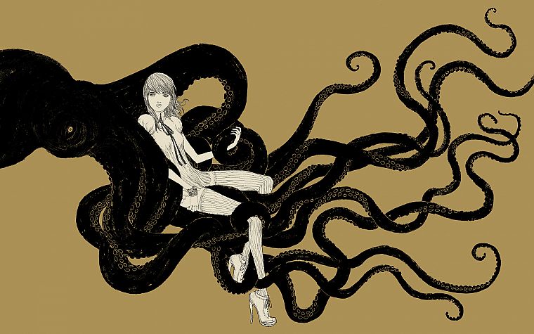 women, octopuses, artwork, somefield, Barnaby Ward - desktop wallpaper