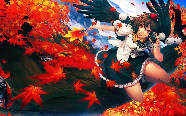 Touhou, wings, dress, leaves, cameras, red eyes, Shameimaru Aya, anime girls, tengu, Simoshi (Artist) - desktop wallpaper
