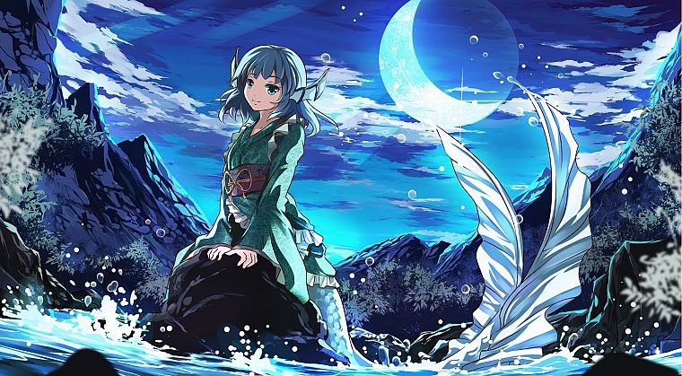 water, Touhou, Moon, Japanese clothes, Wakasagihime - desktop wallpaper