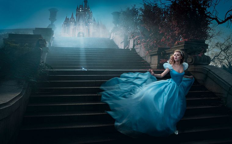 fantasy, Scarlett Johansson, stairways, Cinderella, blue dress, Annie Leibovitz - desktop wallpaper