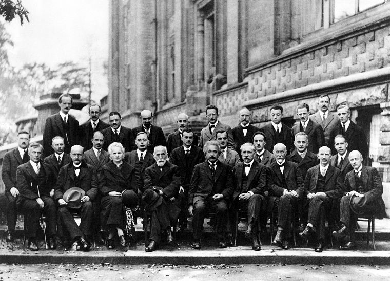 grayscale, Albert Einstein, monochrome, Max Planck, Auguste Piccard, Marie Curie, Erwin SchrÃÂ¶dinger, Solvay Conference (1927) - desktop wallpaper