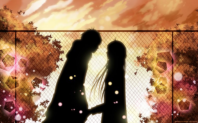 fences, silhouettes, couple, Kimi ni Todoke, chain link fence - desktop wallpaper