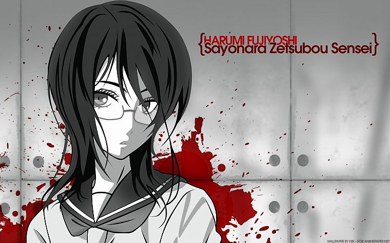 Sayonara Zetsubou Sensei, blood, school uniforms, glasses, monochrome, meganekko, Fujiyoshi Harumi, anime girls, sailor uniforms - desktop wallpaper
