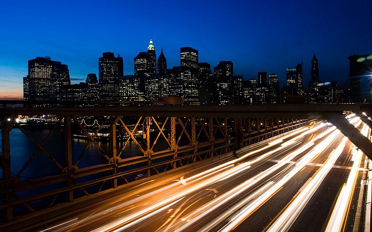 lights, bridges, buildings, New York City, Manhattan, skyscrapers, long exposure - desktop wallpaper