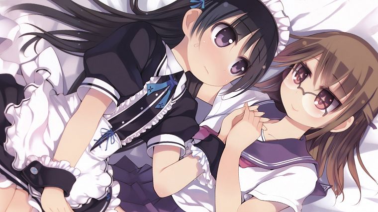 brunettes, maids, glasses, purple eyes, holding hands, anime girls - desktop wallpaper