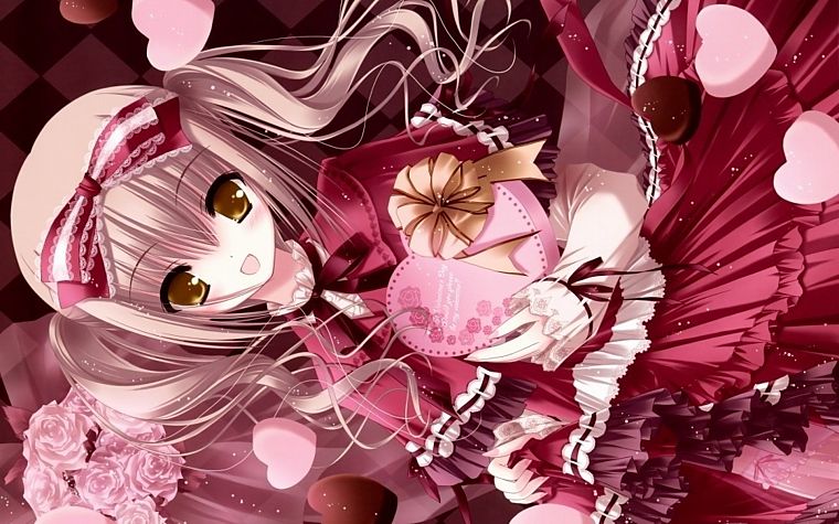 blondes, dress, flowers, chocolate, ribbons, twintails, anime, bouquet, golden eyes, Tinkle Illustrations, roses, anime girls - desktop wallpaper