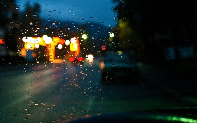 lights, cars, glass, water drops, rain on glass - desktop wallpaper