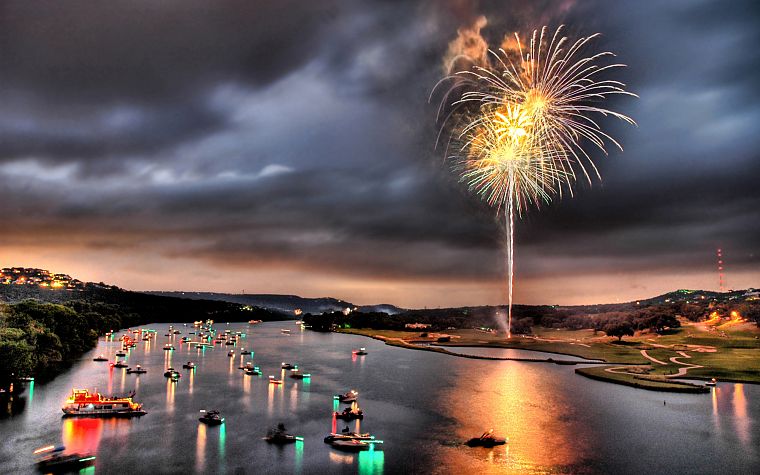 water, austin, fireworks, HDR photography - desktop wallpaper