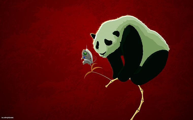 panda bears, red background - desktop wallpaper