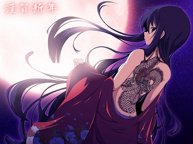 tattoos, women, stars, dragon tattoo, Moon, long hair, kimono, purple hair, purple eyes, anime girls - desktop wallpaper