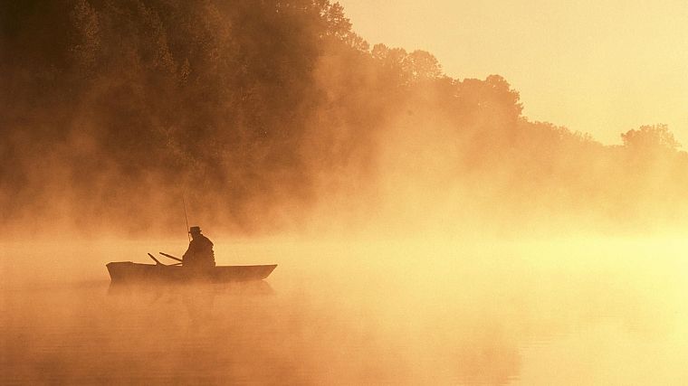 silhouettes, fog, mist, sepia, boats, fishing, monochrome - desktop wallpaper