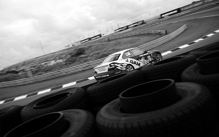 cars, monochrome, car tires, greyscale, race tracks - desktop wallpaper