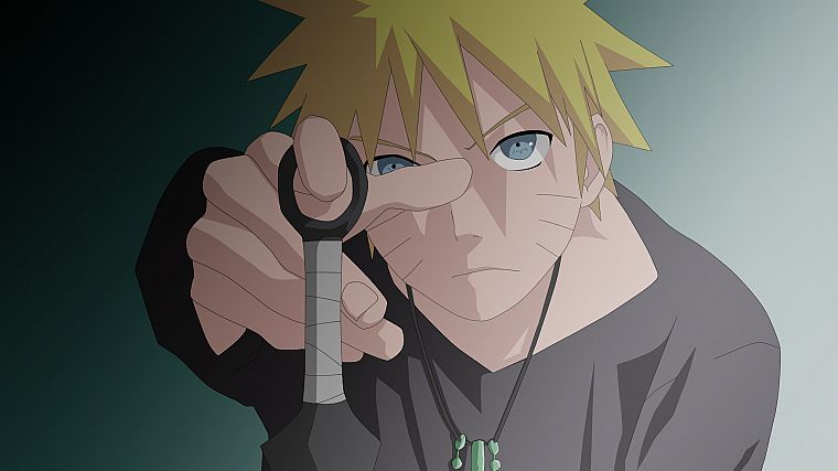 blondes, blue eyes, Naruto: Shippuden, kunai, necklaces, Uzumaki Naruto, pointing, whiskers, black shirt, thumb - desktop wallpaper