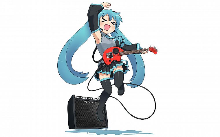 Vocaloid, Hatsune Miku, guitars, simple background, detached sleeves - desktop wallpaper