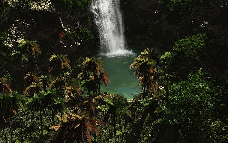 tropical, paradise, palm trees, waterfalls - desktop wallpaper