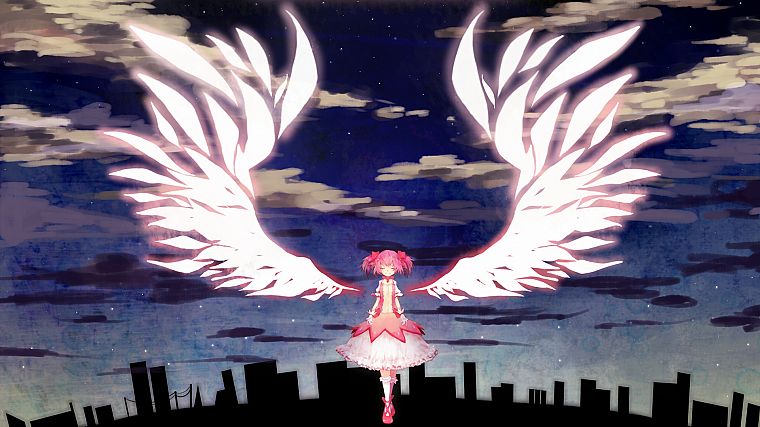 angels, wings, cityscapes, buildings, Mahou Shoujo Madoka Magica, Kaname Madoka, anime, angel wings, anime girls - desktop wallpaper