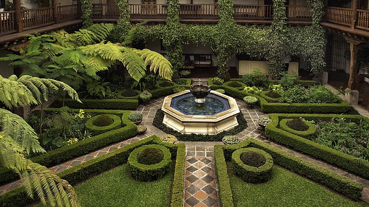 garden, geometry, courtyard, hotels, bushes, fountain - desktop wallpaper