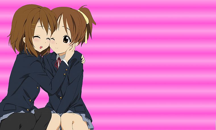 brunettes, K-ON!, pink, school uniforms, brown eyes, Hirasawa Yui, anime, anime girls, Hirasawa Ui - desktop wallpaper